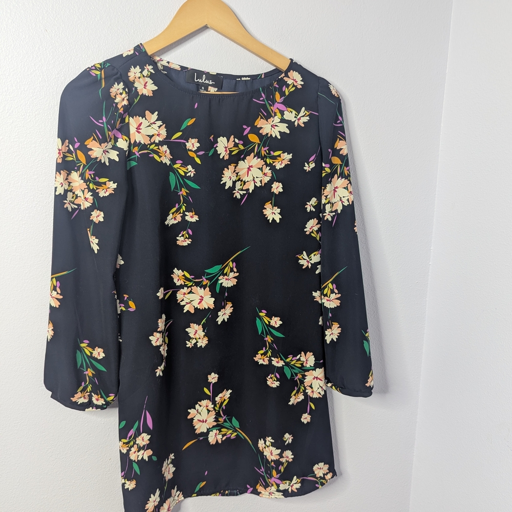 Lulus Black Floral Print Long‎ Sleeve Shift Mini Dress Tunic S